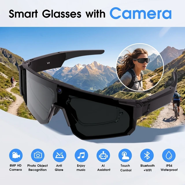 Alt view image 2 of 7 - AI Smart Glasses with Camera, Bluetooth Sunglasses for Sports-Black 8MP HD, AI Image Enhancement, Built-In Storage, WiFi Transfer, Stabilization for Cycling, Travel & Daily Adventures