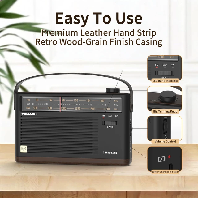Alt view image 6 of 7 - Portable AM FM SW Radio, Retro Transistor Radio, Type-C Charging Rechargeable & AC powered: Headphone jack and LED indicator make listening convenient at home, while traveling or outdoors