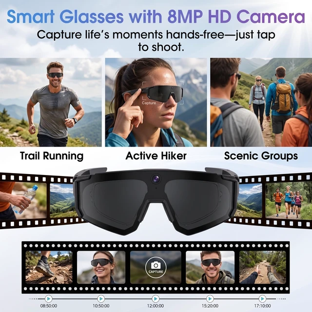 Alt view image 4 of 7 - AI Smart Glasses with Camera, Bluetooth Sunglasses for Sports-Black 8MP HD, AI Image Enhancement, Built-In Storage, WiFi Transfer, Stabilization for Cycling, Travel & Daily Adventures