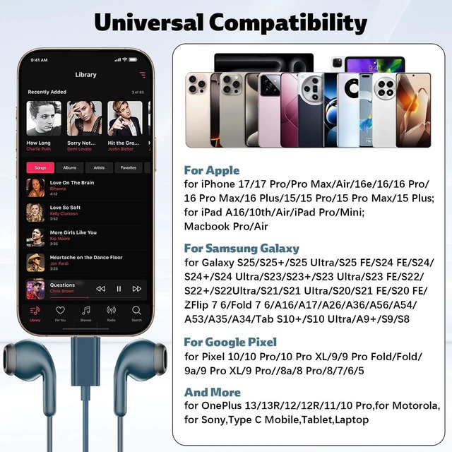 Alt view image 7 of 7 - USB C Headphones for iPhone 18 Pro/17 Pro Max 16 Wired Earbuds,Blue Type C Earphones with Mic Volume Control,Stereo Corded Headphones for Samsung S26 S25 S24 A16 A17 for Apple iPad Air 11 10th
