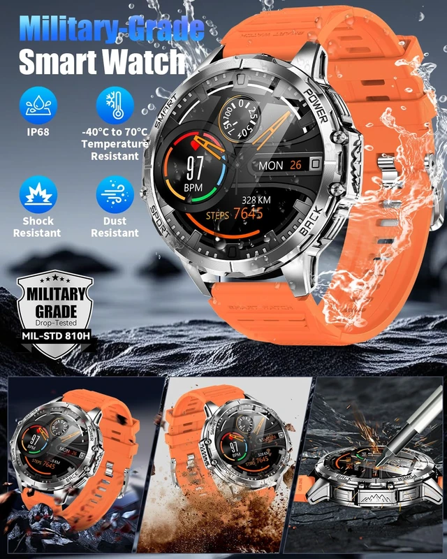Alt view image 7 of 7 - Military Smartwatch for Men, Top-Mounted Flashlight, 1200mAh Battery 1.7" HD Display, Answer/Make Calls, 200+ Watch Faces, 100+ Sports Modes, 5ATM Waterproof, Fitness Tracker for Android & iOS