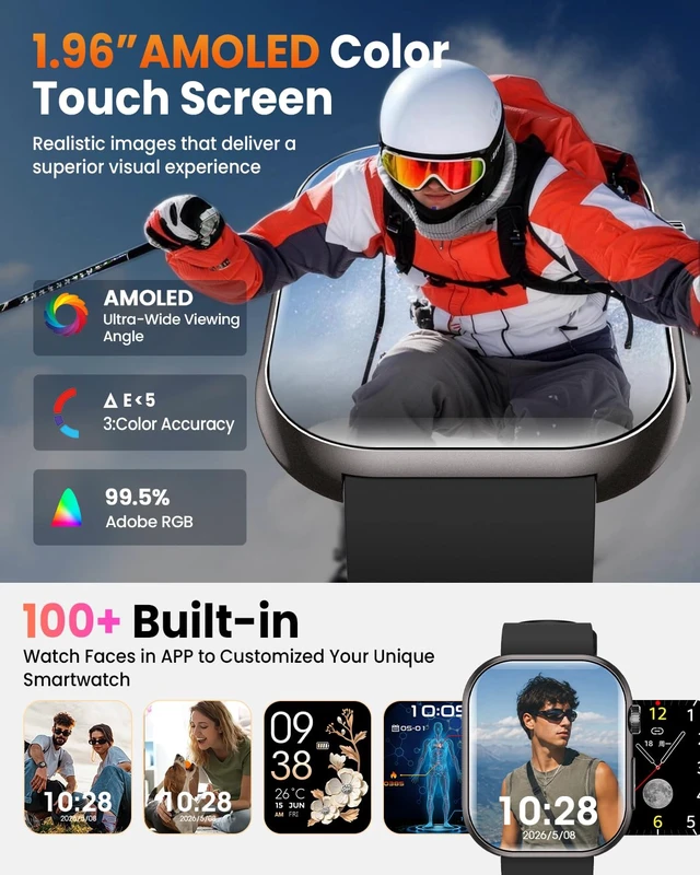 Alt view image 2 of 7 - 1.96" HD AMOLED Smart Watch for Men Women,Fitness Watch Tracker with 2 Band 20 Day+Battery Life/IP68 Waterproof/140+ Sport Modes/Bluetooth Call/SpO2 Sleep Monitor/Compatible for Android IOS