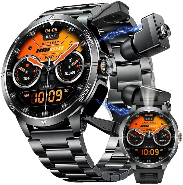 Main image of Smart Watch with Earbuds for Men and Women,+ Metal Band Compass & FlashLight, Heart Rate Monitor Smartwatch, BT Calling, 100+ Sports Modes, Fitness Tracker, Android iOS Compatible