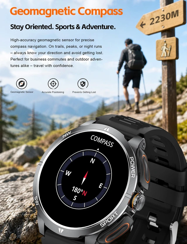 Alt view image 2 of 7 - Smart Watch with Earbuds for Men and Women,+ Metal Band Compass & FlashLight, Heart Rate Monitor Smartwatch, BT Calling, 100+ Sports Modes, Fitness Tracker, Android iOS Compatible