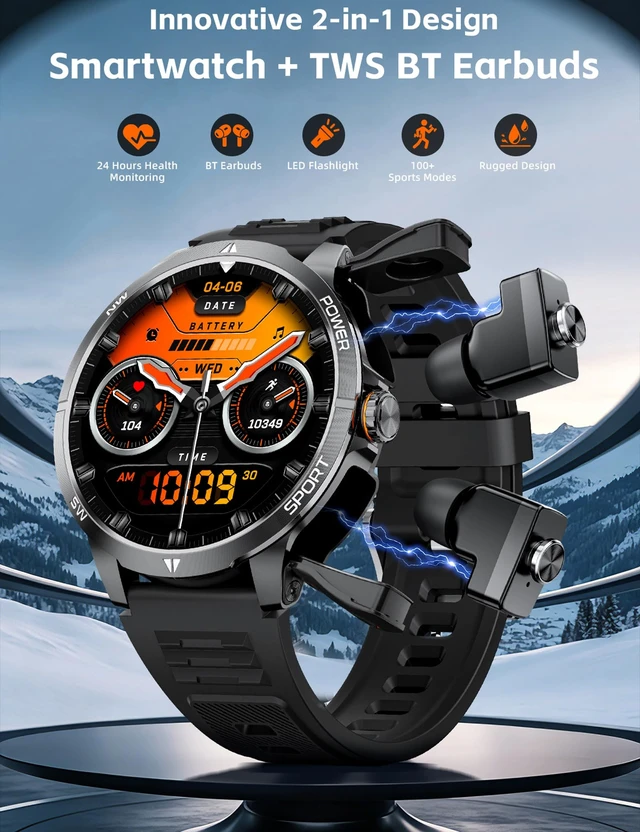 Alt view image 4 of 7 - Smart Watch with Earbuds for Men and Women,+ Metal Band Compass & FlashLight, Heart Rate Monitor Smartwatch, BT Calling, 100+ Sports Modes, Fitness Tracker, Android iOS Compatible