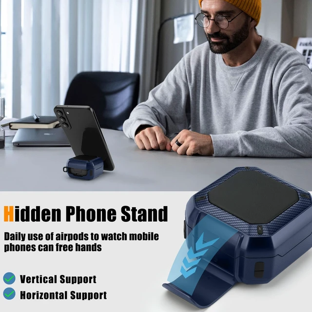 Alt view image 5 of 7 - Compatible with Samsung Galaxy Buds 4 Pro Case/Galaxy Buds 4 Case, Carbon Fiber Texture Design Cover with Phone Stand, Blue