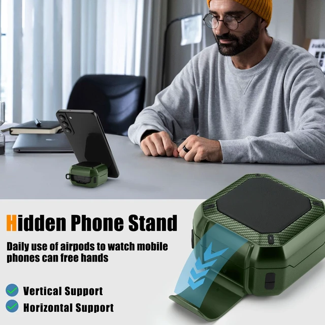 Alt view image 5 of 7 - Compatible with Samsung Galaxy Buds 4 Pro Case/Galaxy Buds 4 Case, Carbon Fiber Texture Design Cover with Phone Stand, Army Green