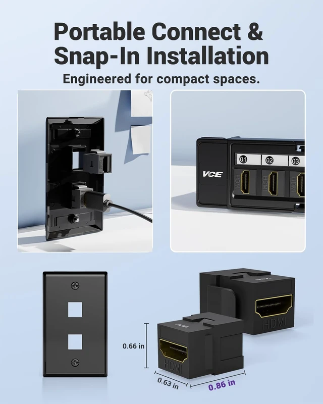 Alt view image 2 of 7 - 4K HDMI Keystone Jack, F2F Snap-in, for Keystone Wall Plate, 10-Pack Snap-in Design for Keystone Wall Plate, HDMI Female to Female Coupler, Black Color Coupler, 6-Pack Included