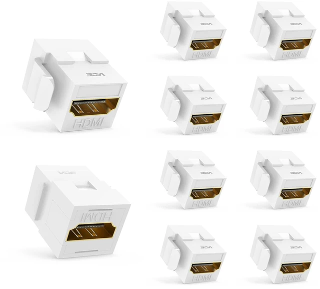 Main image of 4K HDMI Keystone Jack, F2F Snap-in, for Keystone Wall Plate, 10-Pack Snap-in Design for Keystone Wall Plate, HDMI Female to Female Coupler, White Color Coupler, 10-Pack Included