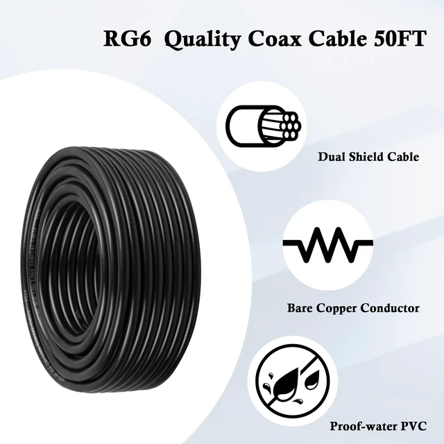 Alt view image 4 of 5 - RG6 Dual Shield Cable 50FT, 18 AWG 75 Ohm Bare Copper Conductor RG6 Coaxial Cable (50feet, Black)