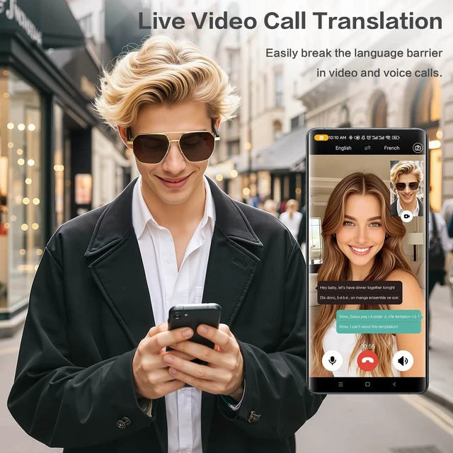 Alt view image 6 of 7 - Smart Glasses with 165 Languages Real-Time AI Translation, Bluetooth 6.0 Audio Sunglasses for Men Women, Gold Frame TAC Polarized Black Lens UV400, Open Ear Headphone Glasses with Mic