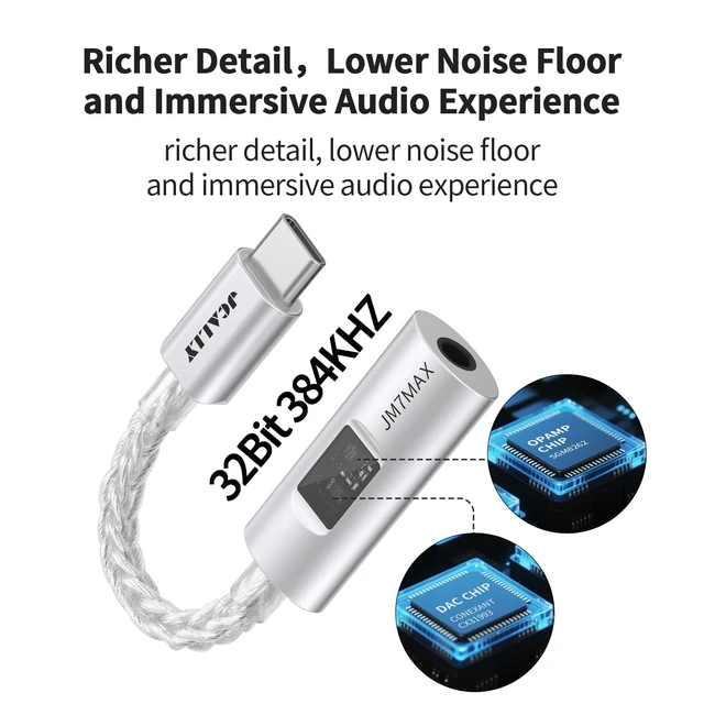 Alt view image 2 of 7 - USB C DAC CX31993+SGM8262 HiFi 32bit/384kHz Audio Adapter USB C to 3.5mm with Headphone Ampifier, Silver-Plated Copper CNC Aluminum Body IEM DAC Dongle for Android iPhone PC Mac