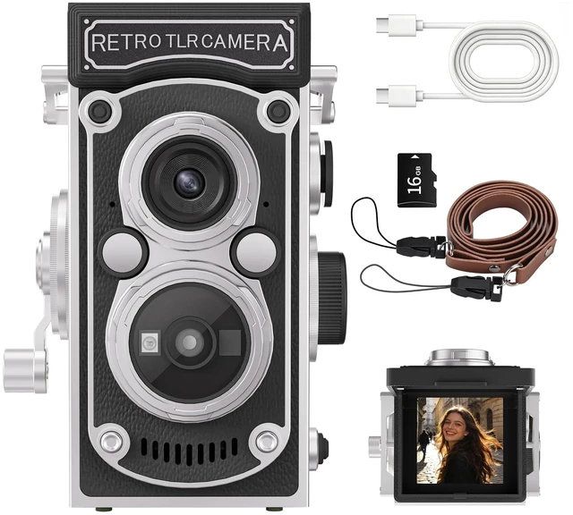 Main image of Mini Retro TLR Digital Camera, Portable 24MP 1080P FHD Vintage Point and Shoot Pocket Travel Camera with Twin Lens, Autofocus, 16X Digital Zoom, 16GB Card, for Beginners, Teens & Adults - Black