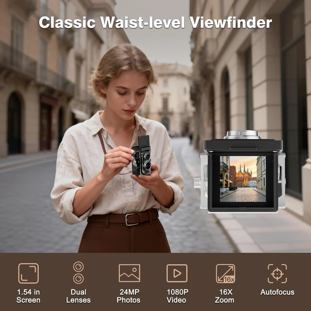 Alt view image 3 of 7 - Mini Retro TLR Digital Camera, Portable 24MP 1080P FHD Vintage Point and Shoot Pocket Travel Camera with Twin Lens, Autofocus, 16X Digital Zoom, 16GB Card, for Beginners, Teens & Adults - Black
