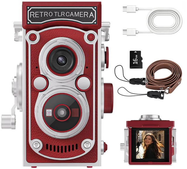 Main image of Mini Retro TLR Digital Camera, Portable 24MP 1080P FHD Vintage Point and Shoot Pocket Travel Camera with Twin Lens, Autofocus, 16X Digital Zoom, 16GB Card, for Beginners, Teens & Adults - Red