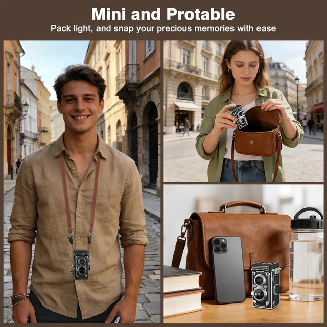 Alt view image 6 of 7 - Mini Retro TLR Digital Camera, Portable 24MP 1080P FHD Vintage Point and Shoot Pocket Travel Camera with Twin Lens, Autofocus, 16X Digital Zoom, 16GB Card, for Beginners, Teens & Adults - Black