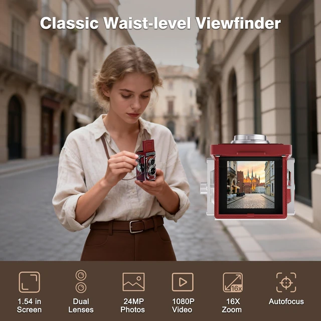 Alt view image 3 of 7 - Mini Retro TLR Digital Camera, Portable 24MP 1080P FHD Vintage Point and Shoot Pocket Travel Camera with Twin Lens, Autofocus, 16X Digital Zoom, 16GB Card, for Beginners, Teens & Adults - Red
