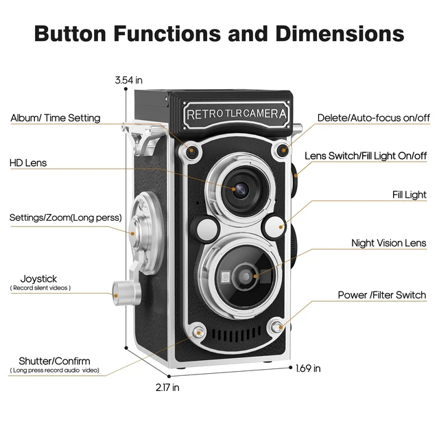 Alt view image 7 of 7 - Mini Retro TLR Digital Camera, Portable 24MP 1080P FHD Vintage Point and Shoot Pocket Travel Camera with Twin Lens, Autofocus, 16X Digital Zoom, 16GB Card, for Beginners, Teens & Adults - Black