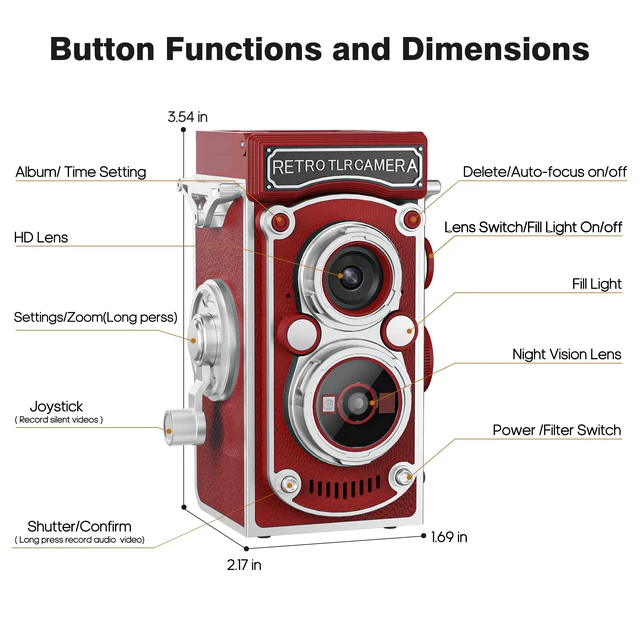 Alt view image 7 of 7 - Mini Retro TLR Digital Camera, Portable 24MP 1080P FHD Vintage Point and Shoot Pocket Travel Camera with Twin Lens, Autofocus, 16X Digital Zoom, 16GB Card, for Beginners, Teens & Adults - Red