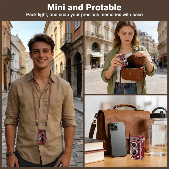 Alt view image 6 of 7 - Mini Retro TLR Digital Camera, Portable 24MP 1080P FHD Vintage Point and Shoot Pocket Travel Camera with Twin Lens, Autofocus, 16X Digital Zoom, 16GB Card, for Beginners, Teens & Adults - Red