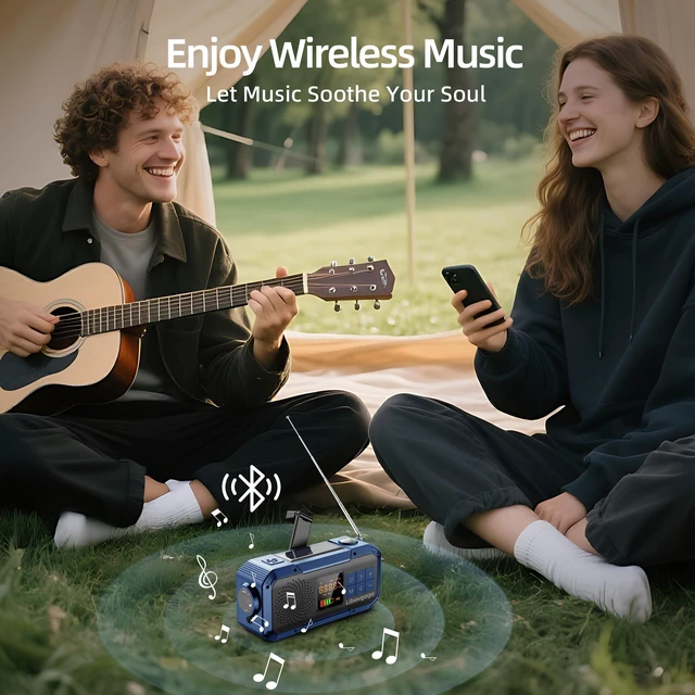 Alt view image 5 of 7 - Emergency Weather Radio with IPX5 Waterproof Portable Bluetooth Speaker,USB-C Solar Hand Crank,NOAA Alarm AM FM Radio,Flashlight,SOS Alarm,2000mAh Cell Phone Charger for Camping and Survival (Blue)