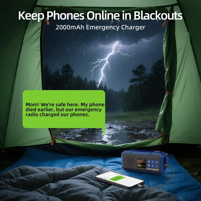 Alt view image 4 of 7 - Emergency Weather Radio with IPX5 Waterproof Portable Bluetooth Speaker,USB-C Solar Hand Crank,NOAA Alarm AM FM Radio,Flashlight,SOS Alarm,2000mAh Cell Phone Charger for Camping and Survival (Blue)