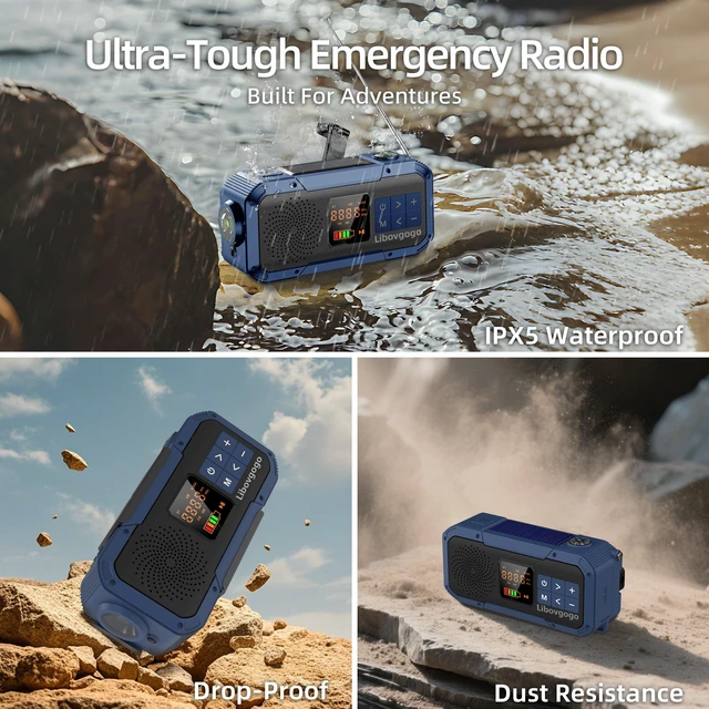 Alt view image 6 of 7 - Emergency Weather Radio with IPX5 Waterproof Portable Bluetooth Speaker,USB-C Solar Hand Crank,NOAA Alarm AM FM Radio,Flashlight,SOS Alarm,2000mAh Cell Phone Charger for Camping and Survival (Blue)