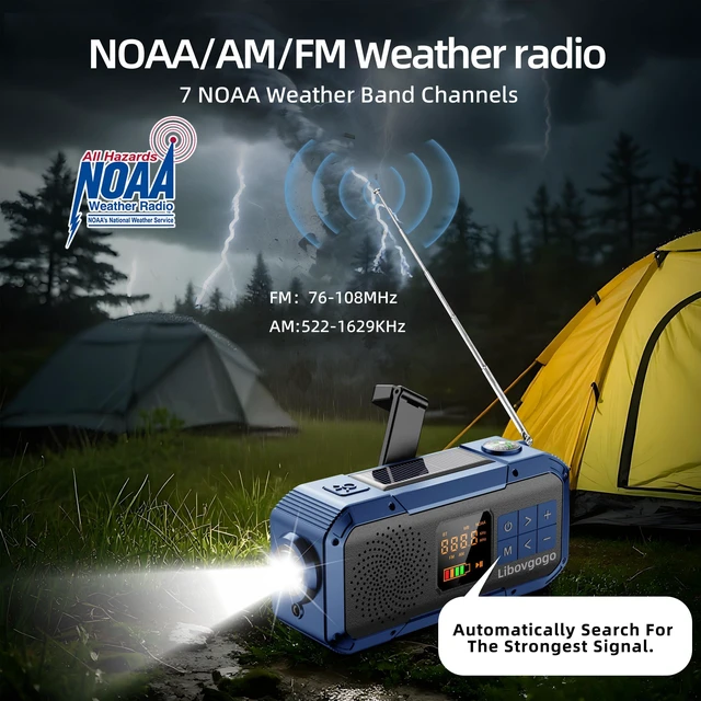 Alt view image 2 of 7 - Emergency Weather Radio with IPX5 Waterproof Portable Bluetooth Speaker,USB-C Solar Hand Crank,NOAA Alarm AM FM Radio,Flashlight,SOS Alarm,2000mAh Cell Phone Charger for Camping and Survival (Blue)