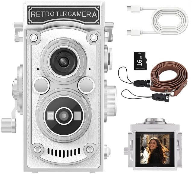 Main image of Mini Retro TLR Digital Camera, Portable 24MP 1080P FHD Vintage Point and Shoot Pocket Travel Camera with Twin Lens, Autofocus, 16X Digital Zoom, 16GB Card, for Beginners, Teens & Adults - White