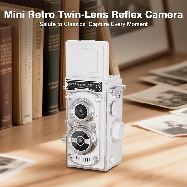 Alt view image 2 of 7 - Mini Retro TLR Digital Camera, Portable 24MP 1080P FHD Vintage Point and Shoot Pocket Travel Camera with Twin Lens, Autofocus, 16X Digital Zoom, 16GB Card, for Beginners, Teens & Adults - White