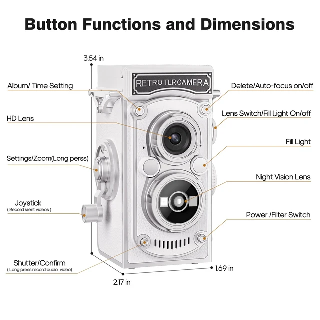 Alt view image 7 of 7 - Mini Retro TLR Digital Camera, Portable 24MP 1080P FHD Vintage Point and Shoot Pocket Travel Camera with Twin Lens, Autofocus, 16X Digital Zoom, 16GB Card, for Beginners, Teens & Adults - White