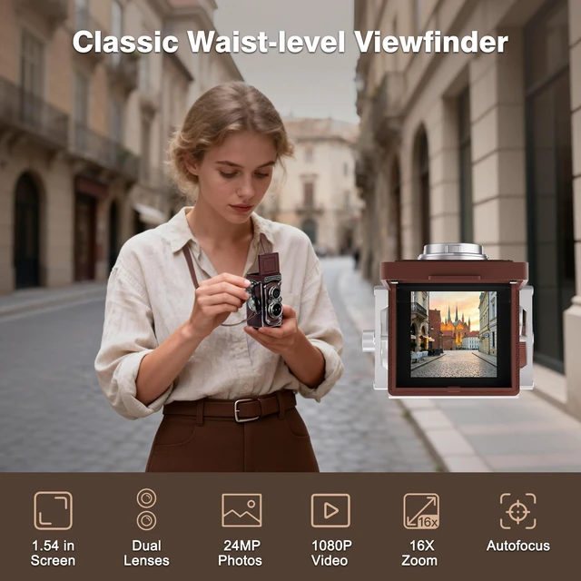 Alt view image 3 of 7 - Mini Retro TLR Digital Camera, Portable 24MP 1080P FHD Vintage Point and Shoot Pocket Travel Camera with Twin Lens, Autofocus, 16X Digital Zoom, 16GB Card, for Beginners, Teens & Adults - Brown