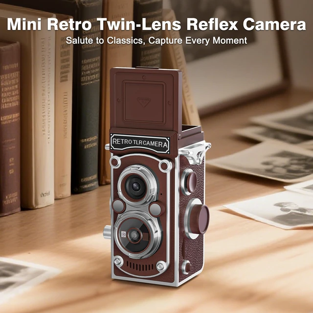 Alt view image 2 of 7 - Mini Retro TLR Digital Camera, Portable 24MP 1080P FHD Vintage Point and Shoot Pocket Travel Camera with Twin Lens, Autofocus, 16X Digital Zoom, 16GB Card, for Beginners, Teens & Adults - Brown