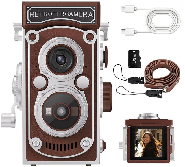 Main image of Mini Retro TLR Digital Camera, Portable 24MP 1080P FHD Vintage Point and Shoot Pocket Travel Camera with Twin Lens, Autofocus, 16X Digital Zoom, 16GB Card, for Beginners, Teens & Adults - Brown