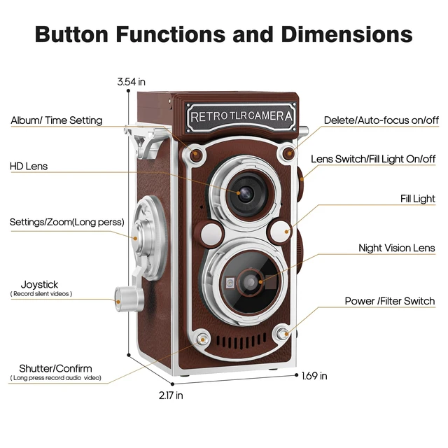 Alt view image 7 of 7 - Mini Retro TLR Digital Camera, Portable 24MP 1080P FHD Vintage Point and Shoot Pocket Travel Camera with Twin Lens, Autofocus, 16X Digital Zoom, 16GB Card, for Beginners, Teens & Adults - Brown