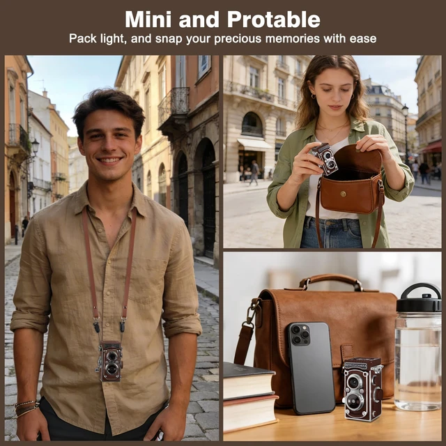 Alt view image 6 of 7 - Mini Retro TLR Digital Camera, Portable 24MP 1080P FHD Vintage Point and Shoot Pocket Travel Camera with Twin Lens, Autofocus, 16X Digital Zoom, 16GB Card, for Beginners, Teens & Adults - Brown