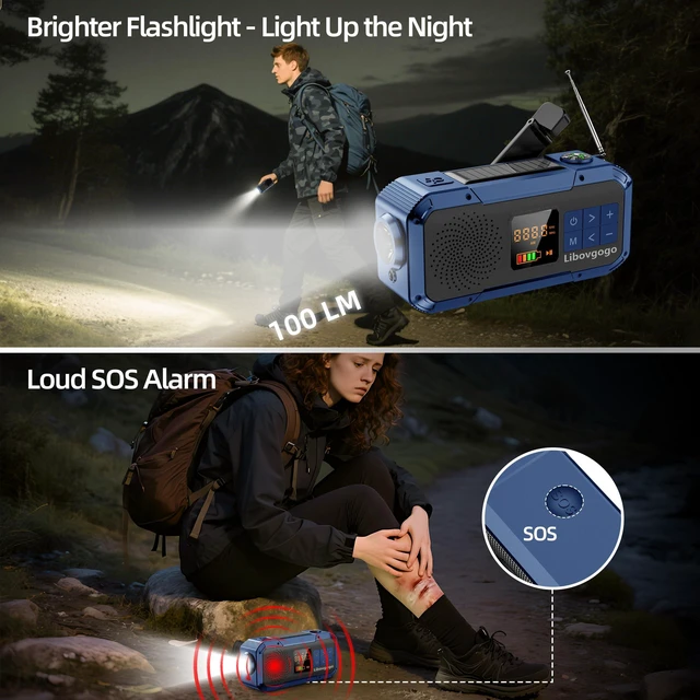 Alt view image 7 of 7 - Emergency Weather Radio with IPX5 Waterproof Portable Bluetooth Speaker,USB-C Solar Hand Crank,NOAA Alarm AM FM Radio,Flashlight,SOS Alarm,2000mAh Cell Phone Charger for Camping and Survival (Blue)