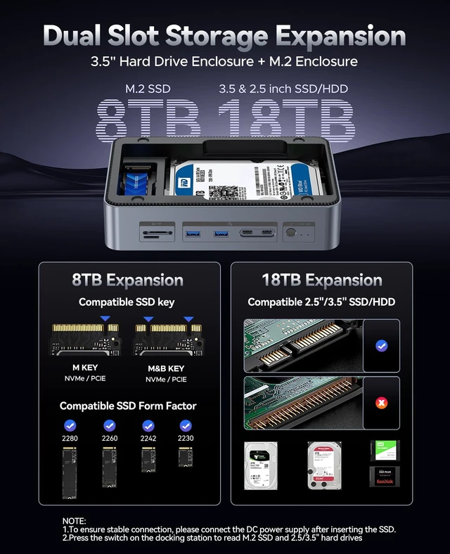 Alt view image 3 of 7 - 12-in-1 USB C Hub with M.2 + SATA 2.5/3.5 SSD/HDD Enclosure, USB C to HDMI Adapter 4K@60Hz,10Gbps USB A/USB C Data Ports, USB C Docking Station for Windows/mac OS D35M2