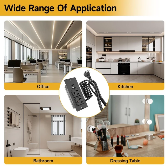 Alt view image 7 of 7 - Drawer Outlet Kit, Recessed Drawer Socket with 4 Power Outlets Clutter-Free Power Strip, 2 12 Amp AC Ports USB-A USB-C, 6.9FT Spring Power Cord, UL Listed
