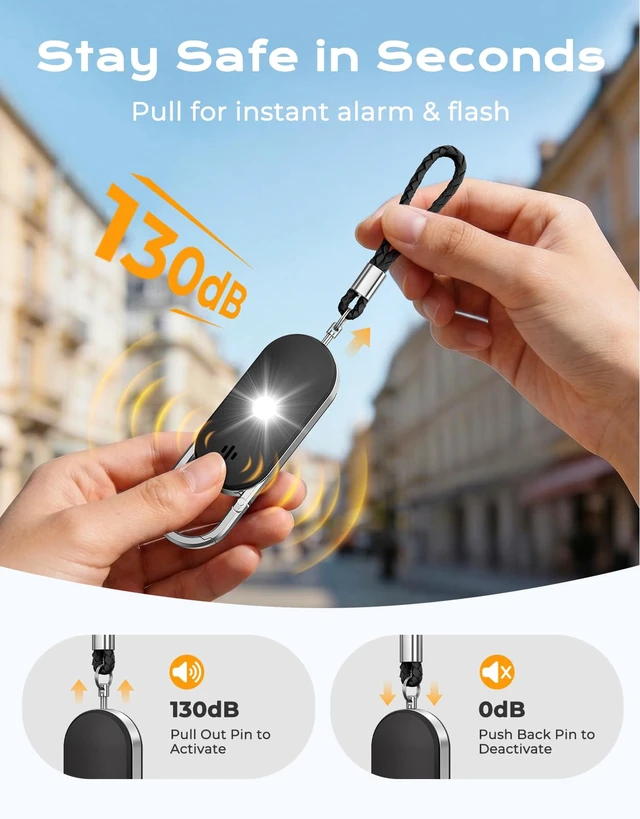 Alt view image 4 of 7 - Personal Safety Alarm, 130dB Double Speakers Personal Alarms for Women, Strobe Light and Low Battery Notice, Rechargeable Self Defense Keychain for Seniors College Girls Gift