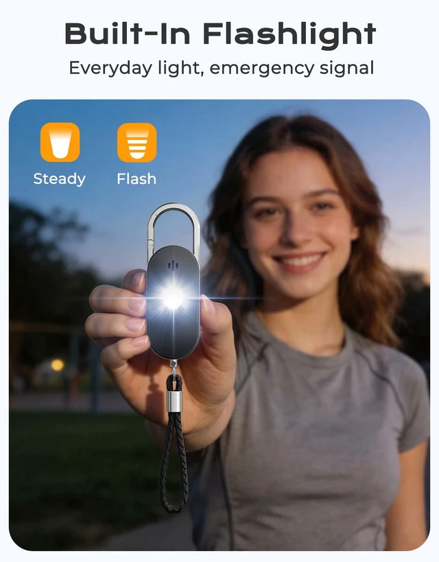 Alt view image 5 of 7 - Personal Safety Alarm, 130dB Double Speakers Personal Alarms for Women, Strobe Light and Low Battery Notice, Rechargeable Self Defense Keychain for Seniors College Girls Gift