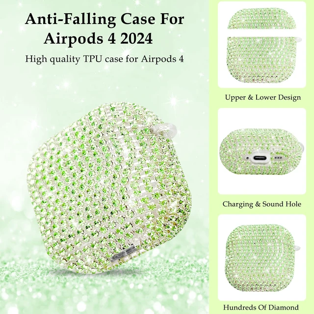 Alt view image 2 of 7 - Glitter Diamond for AirPods 5th/4th Case Cover 2026/2024 (Green) Hard TPU Cover for AirPods 5th/4th Generation Case (2026/2024) with Bling Butterfly Keychain and Cleaning Kit for Girls Women