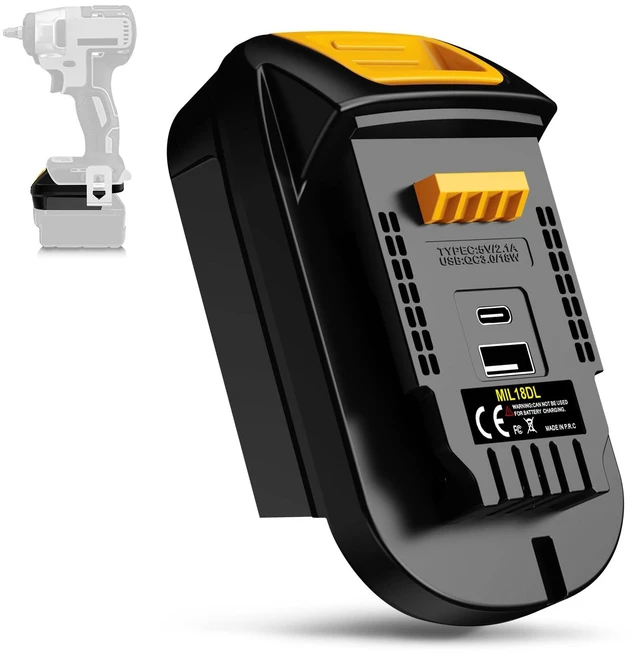 Main image of Battery Adapter for Milwaukee M18 18V Battery Convert to for Dewalt 20V MAX Cordless Tools, with QC3.0 18W USB & Type-C 5V/2.1A Charging Port,MIL18DL Battery Converter