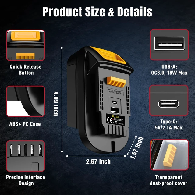 Alt view image 6 of 7 - Battery Adapter for Milwaukee M18 18V Battery Convert to for Dewalt 20V MAX Cordless Tools, with QC3.0 18W USB & Type-C 5V/2.1A Charging Port,MIL18DL Battery Converter