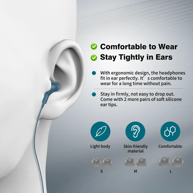 Alt view image 3 of 7 - Wired Earbuds in-Ear Headphones 3.5mm Jack for Laptop/School Blue Noise Isolation Small Earphones, Corded Plug-in Ear Buds Mic Volume Control for iPhone/Samsung/Android/PC/Gaming Console/Kids