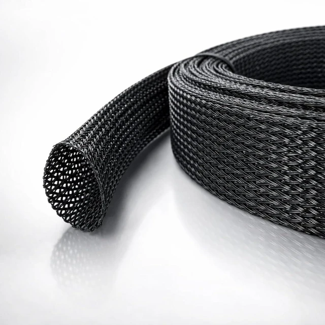 Main image of 25ft Expandable Non-Split PET Braided Cable Sleeve, High-Temperature Black Loom for Automotive Harness and Chew-Resistant Home Office Wire Management (1.5")