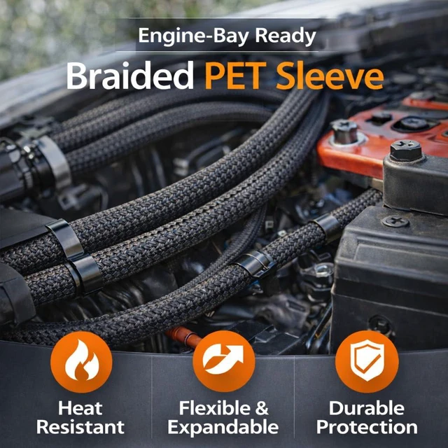 Alt view image 4 of 7 - 100ft Expandable Non-Split PET Braided Cable Sleeve, High-Temperature Black Loom for Automotive Harness and Chew-Resistant Home Office Wire Management (1/4")