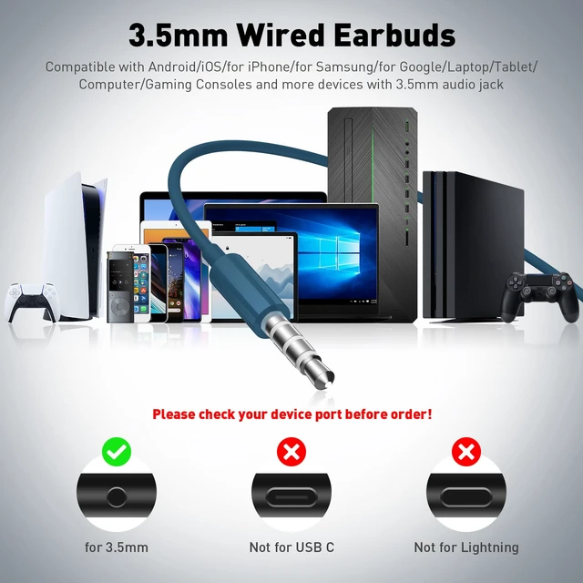 Alt view image 7 of 7 - Wired Earbuds in-Ear Headphones 3.5mm Jack for Laptop/School Blue Noise Isolation Small Earphones, Corded Plug-in Ear Buds Mic Volume Control for iPhone/Samsung/Android/PC/Gaming Console/Kids