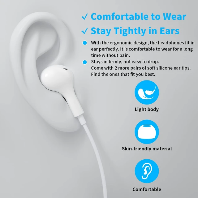 Alt view image 4 of 7 - Wired Earbuds in-Ear Headphones 3.5mm Jack for Laptop/School White Noise Isolation Small Earphones, Corded Plug-in Ear Buds Mic Volume Control for iPhone/Samsung/Android/PC/Gaming Console/Kids