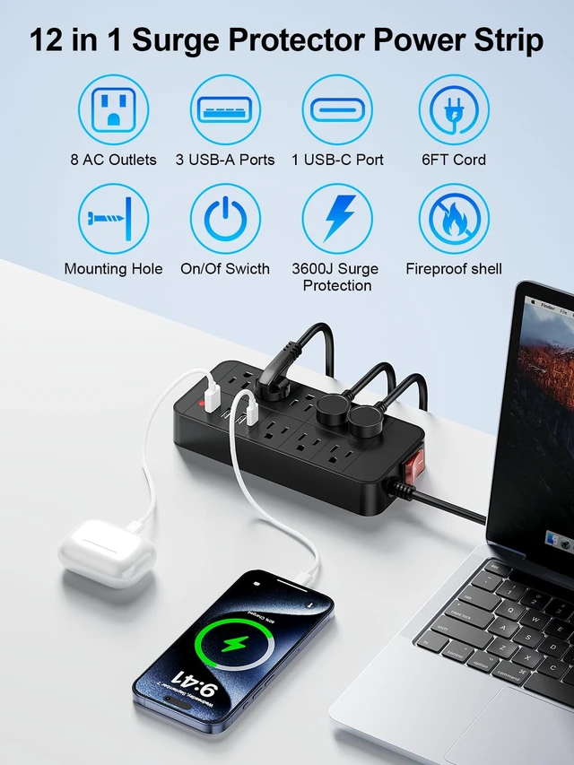 Alt view image 2 of 7 - Surge Protector Power Strip - 8 Outlets with 1 USB-C and 3 USB-A Ports for Multiple Devices,5ft Extension Cord,20W USB C Fast Charging for Home/Office
